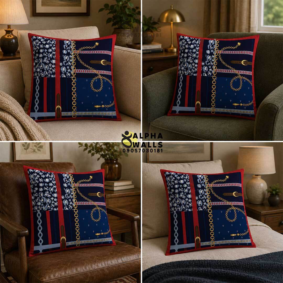 کاور کوسن مخمل طرح زنجیر و پلنگی Navy Chain | روکش کوسن سرمهای لوکس