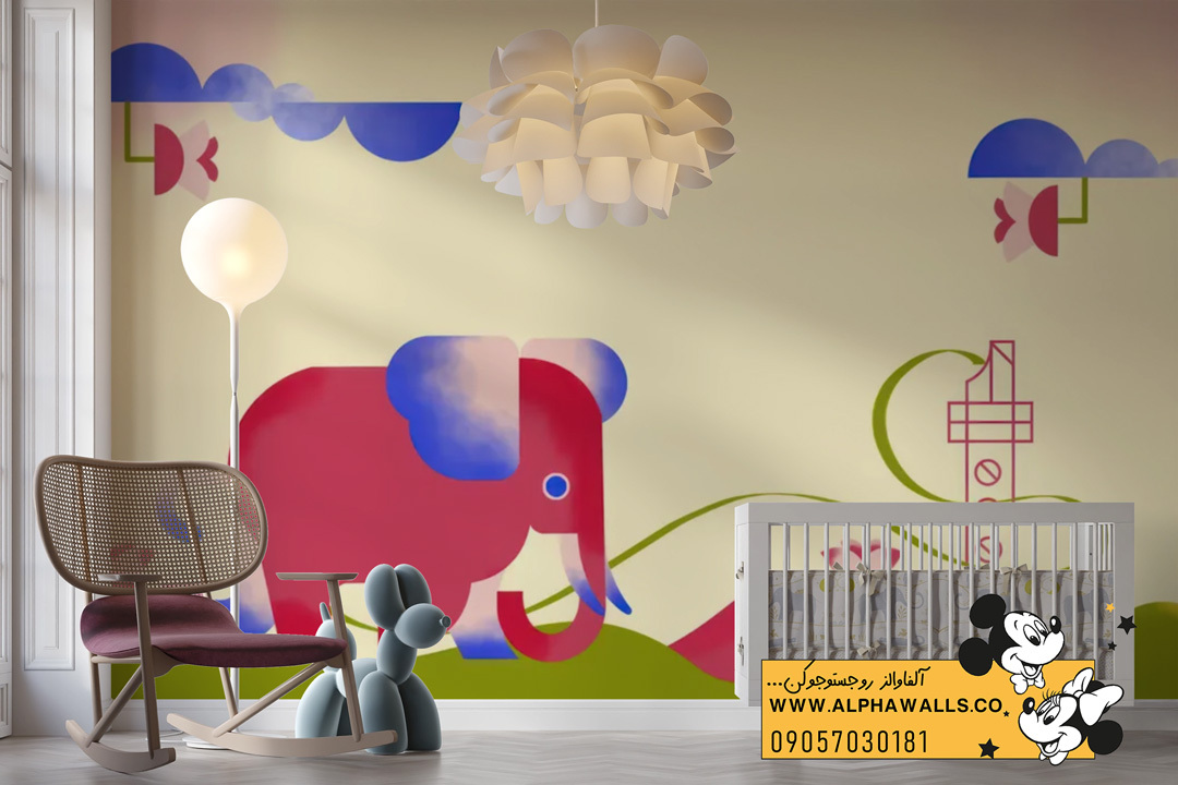  پوستر دیواری کودکانه طرح فیل مدرن صورتی آبی 