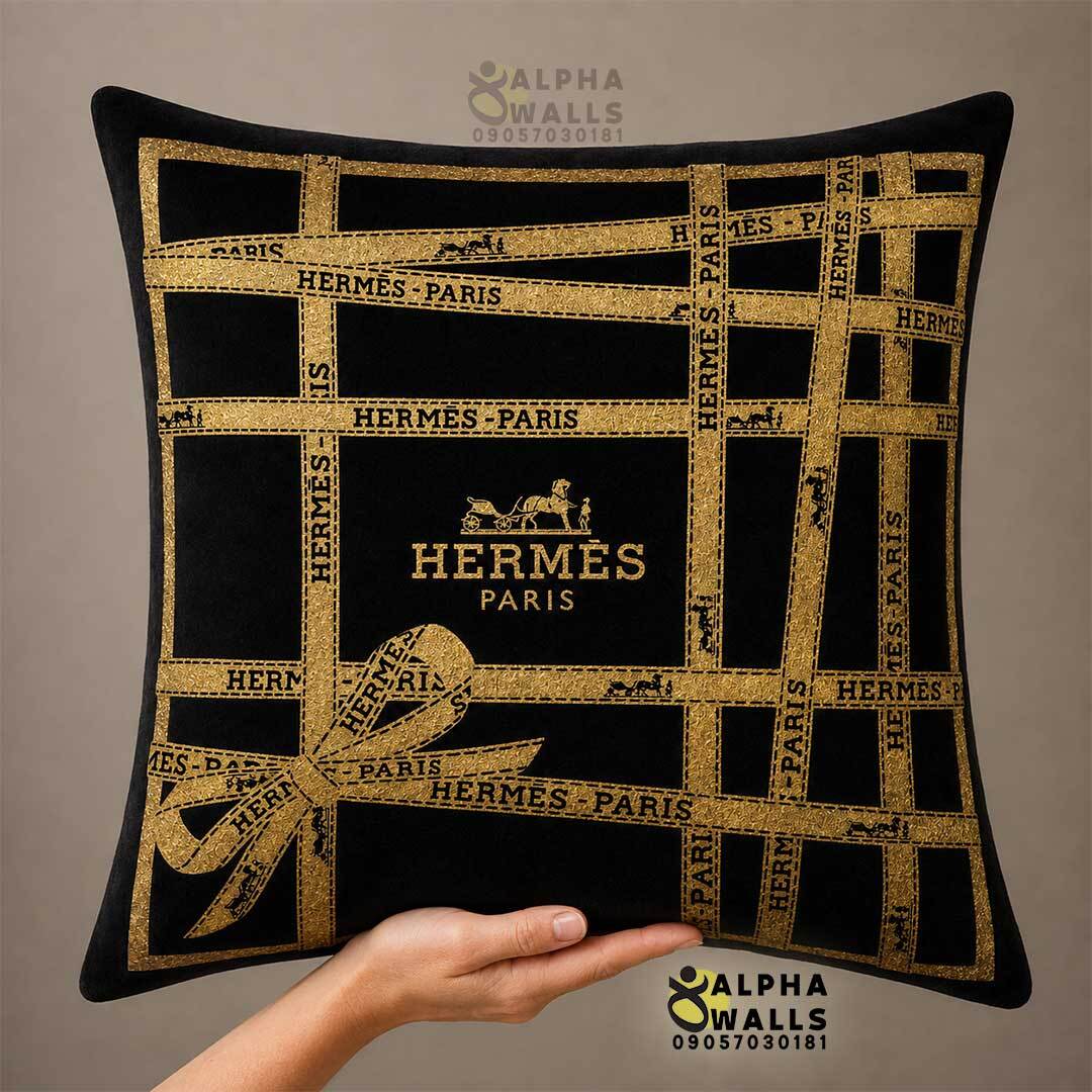  کاور کوسن مخمل مشکی طلایی طرح روبان Luxury Ribbon Paris | روکش کوسن مبل لوکس 