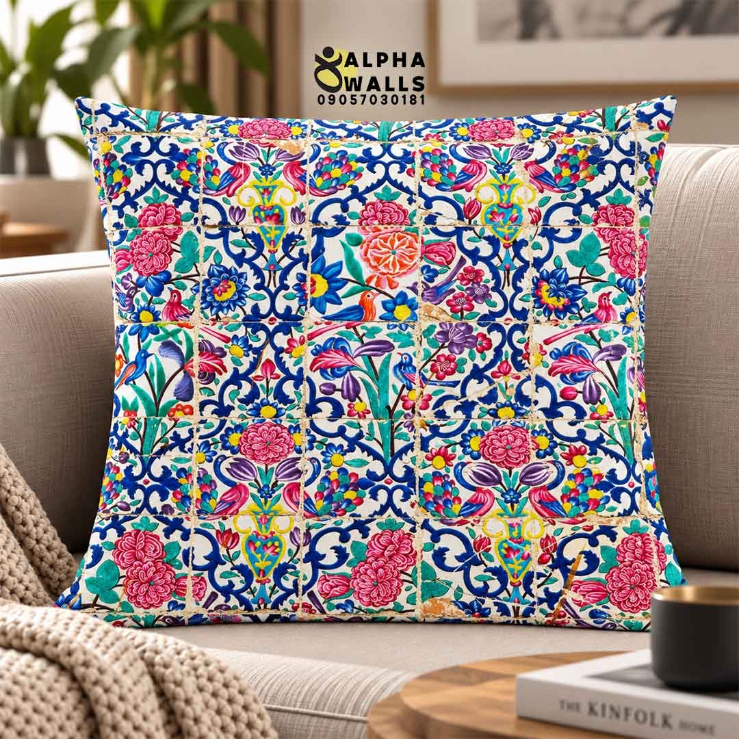 روکش کوسن مخمل طرح کاشی گل و مرغ | Persian Floral Tile
