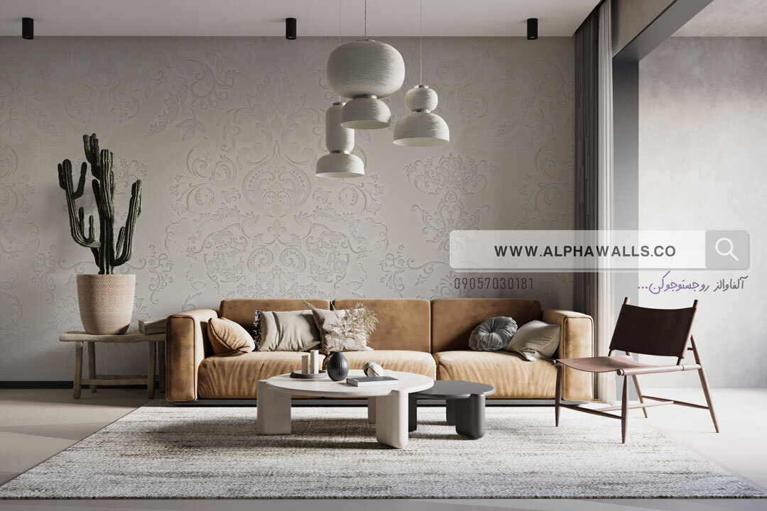  پوستر دیواری طرح داماسک مینیمال – زمینه کرم برجسته 