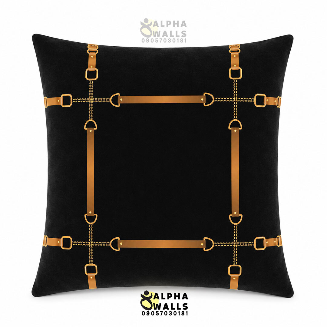  کاور کوسن مخمل مشکی طرح کمربند طلایی Golden Harness | روکش کوسن مبل لوکس 