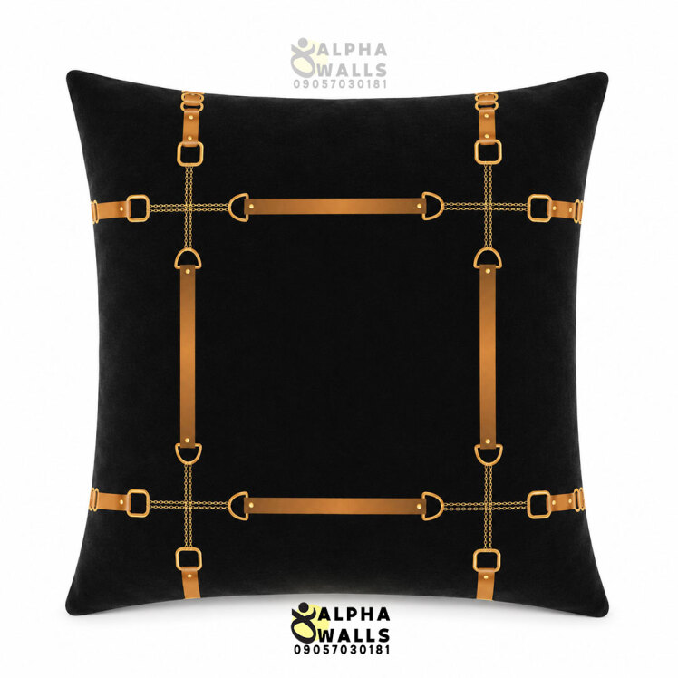 کاور کوسن مخمل مشکی طرح کمربند طلایی Golden Harness | روکش کوسن مبل لوکس