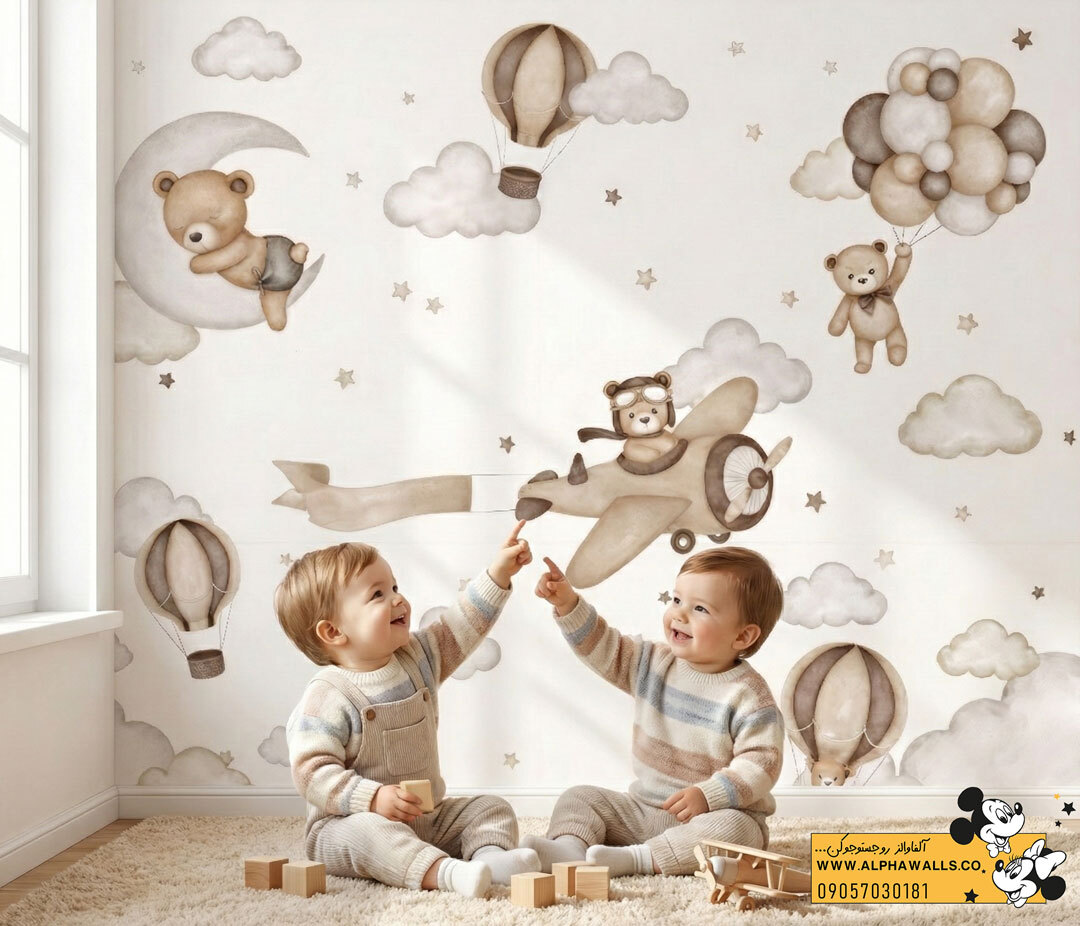 پوستر دیواری کودک طرح خرسهای رؤیایی در آسمان