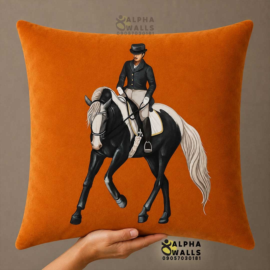  کاور کوسن مخمل نارنجی طرح اسب و سوارکار Equestrian Rider | روکش کوسن مبل سوارکاری لوکس 