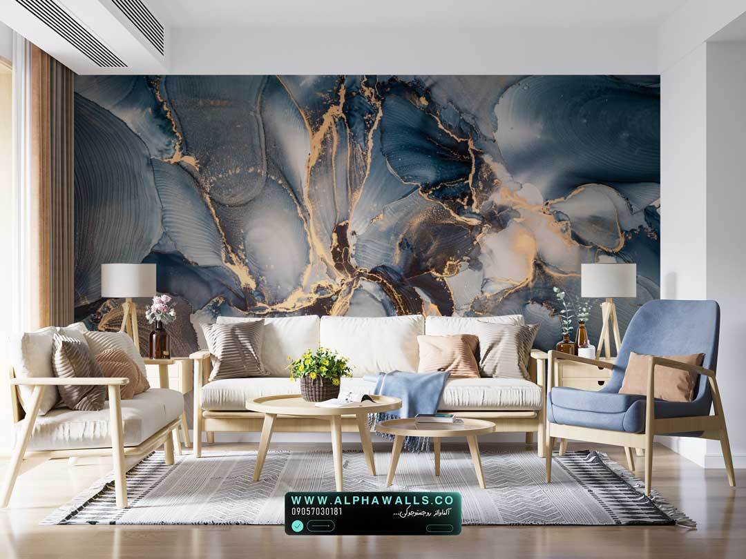  پوستر دیواری طرح سنگ آبی هنری با رگه‌های طلایی 