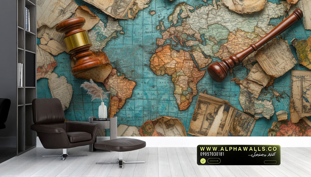 پوستر دیواری طرح نقشه جهان و چکش قضاوت