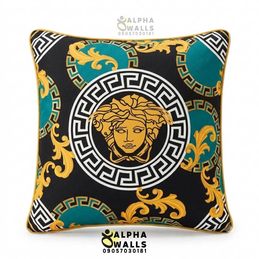 روکش کوسن مخمل طرح مدوسا طلایی و فیروزهای مدل Turquoise Medusa
