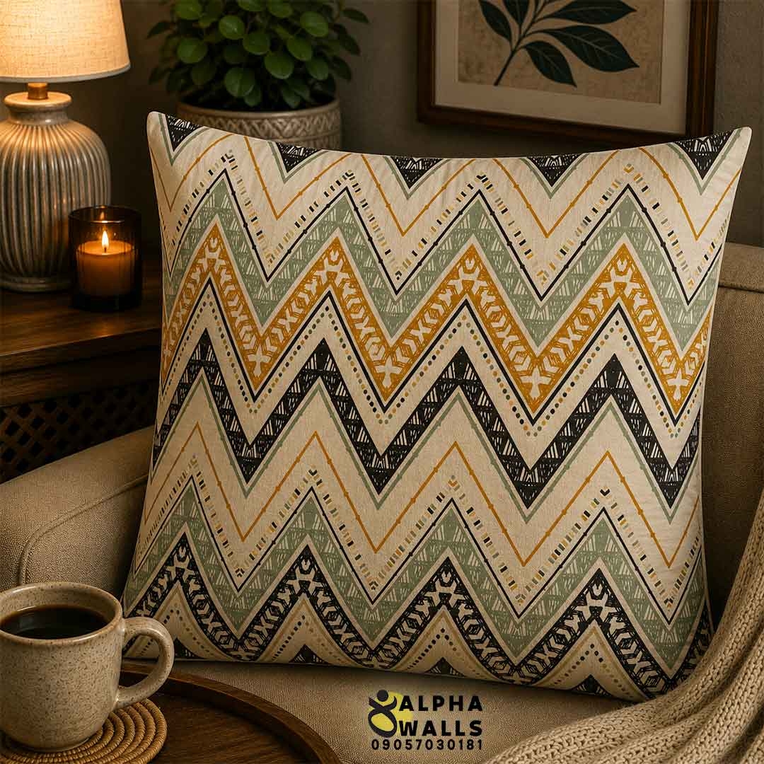 روکش کوسن مخمل طرح زیگزاگ هندسی کرم خردلی مدل Boho Chevron