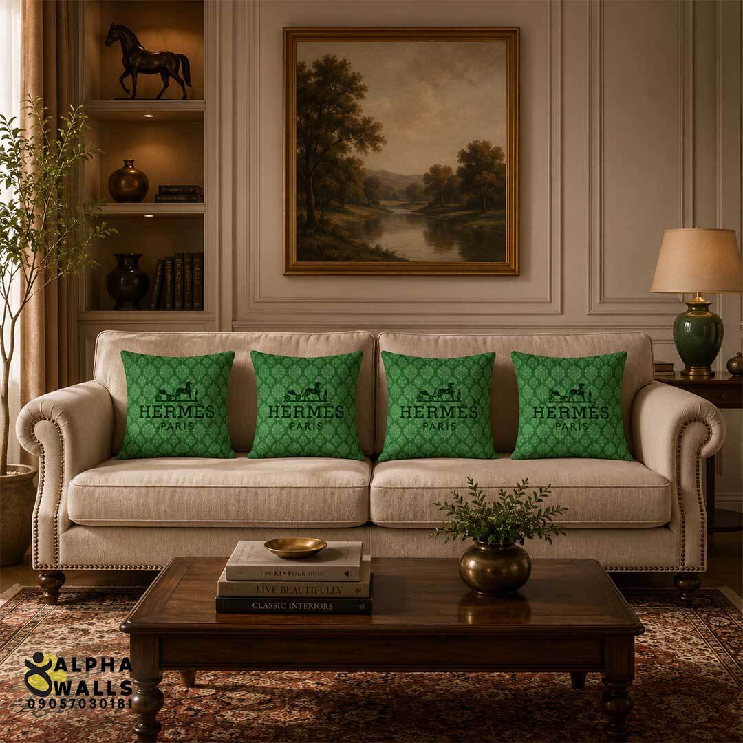  روکش کوسن مخمل سبز طرح مینیمال هرمس مدل Hermes Monogram Green 