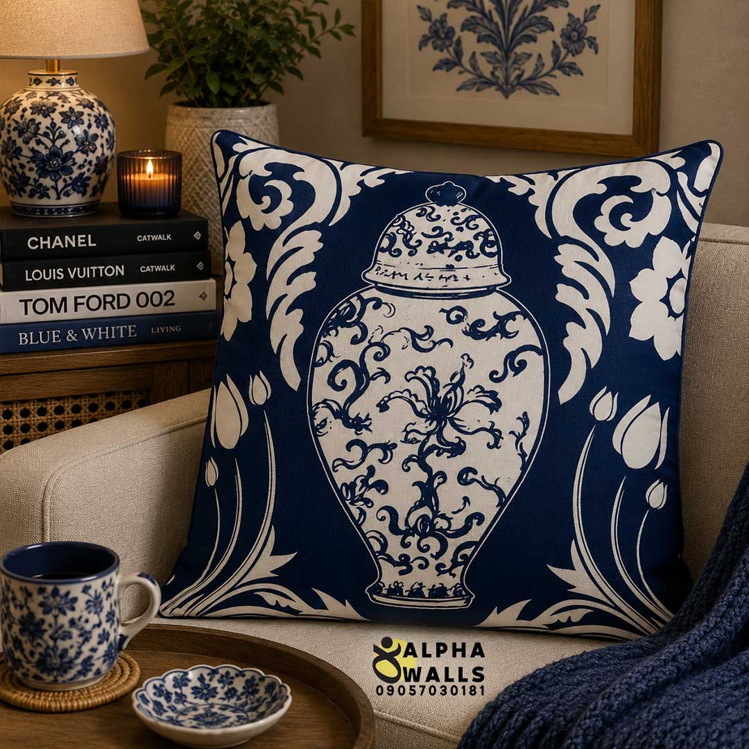 روکش کوسن مخمل طرح گلدان چینی آبی سفید مدل Imperial Vase