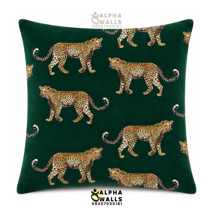 کاور کوسن مخمل سبز طرح پلنگ Green Leopard | روکش کوسن مبل پلنگی مدرن