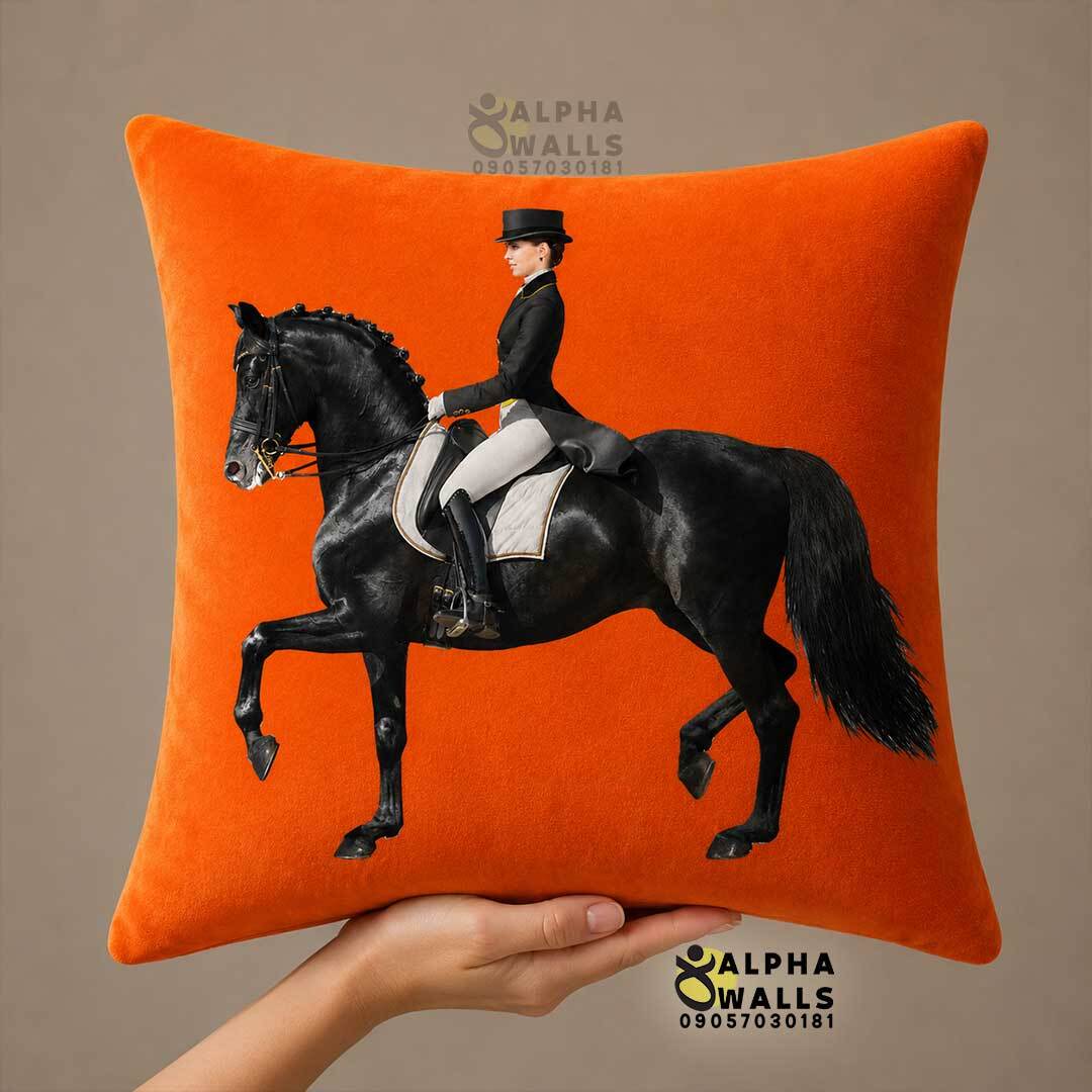 کاور کوسن مخمل طرح اسب و سوارکار مشکی Black Equestrian | روکش کوسن نارنجی لوکس