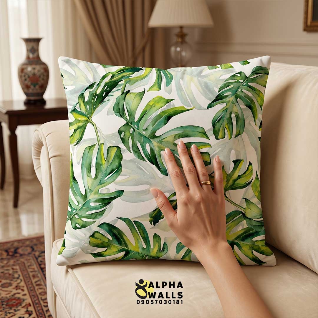  روکش کوسن مخمل طرح برگ‌های استوایی و گرمسیری مدل Tropical Monstera Leaf 